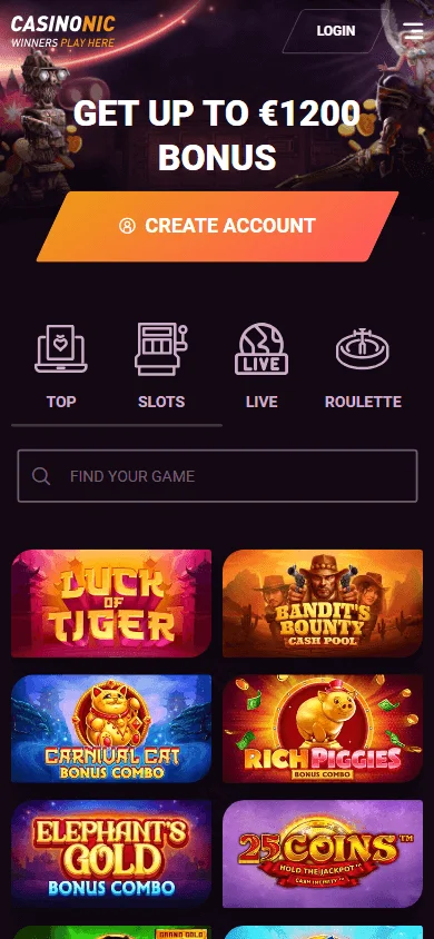 Casinonic mobile casino home interface